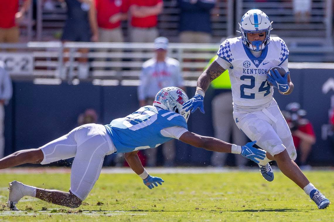 Kentucky star running back Christopher Rodriguez (24) will make his 2022 home debut Saturday when the No. 13 Wildcats play host to SEC East foe South Carolina. Rodriguez missed the season’s first four games due to a suspension.
