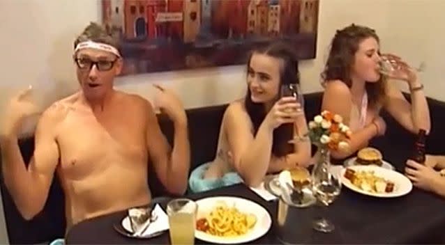 Naked diners tuck into their food at a new hamilton restaurant. Photo: Story/screenshot