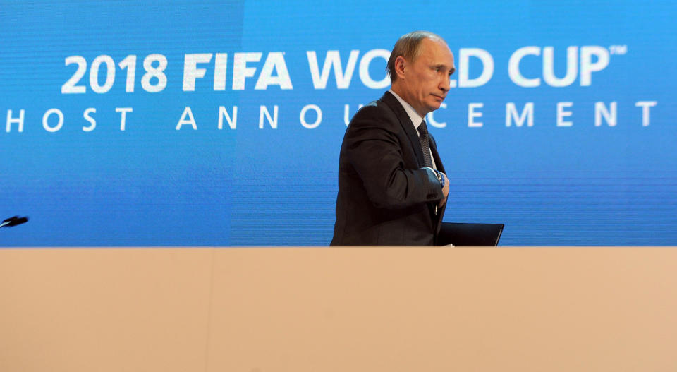 Russian Prime Minister Vladimir Putin leaves after speaking at a Russia 2018 press conference at the Zurich Exhibition Centre, Zurich.