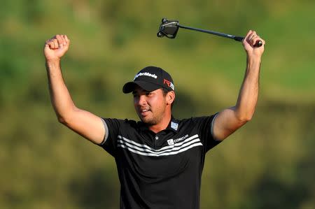 Aug 16, 2015; Sheboygan, WI, USA; Jason Day celebrates after winning the 2015 PGA Championship golf tournament at Whistling Straits. Mandatory Credit: Thomas J. Russo-USA TODAY Sports