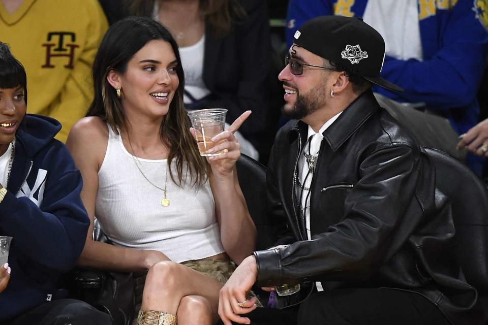 <p>Kevork Djansezian/Getty </p> Kendall Jenner and Bad Bunny attend the Western Conference Semifinal Playoff game between the Los Angeles Lakers and Golden State Warriors at Crypto.com Arena on May 12, 2023