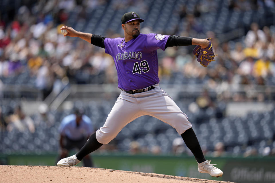 Colorado Rockies starting pitcher Antonio Senzatela delivers during the second inning of a baseball game against the Pittsburgh Pirates in Pittsburgh, Wednesday, May 10, 2023. (AP Photo/Gene J. Puskar)