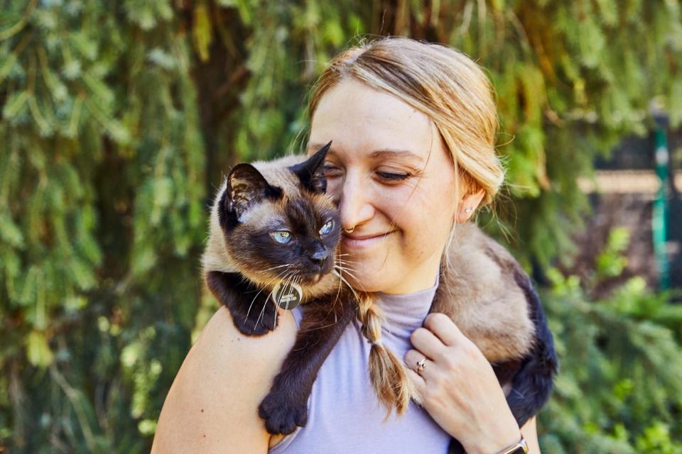 siamese cat sitting on woman's shoulders