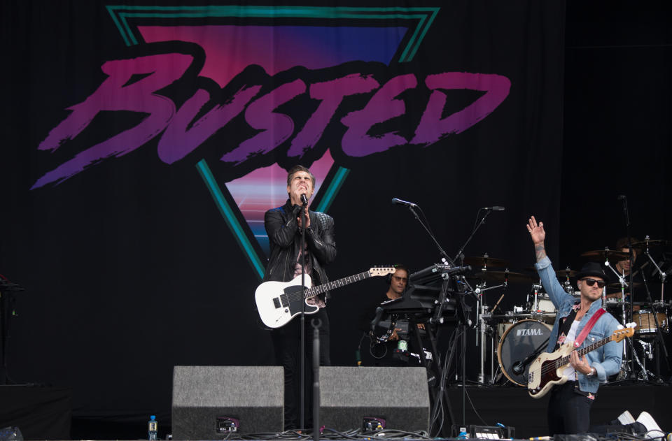 CHELMSFORD, ENGLAND - AUGUST 19:  EDITORIAL USE ONLY Charlie Simpson and Matt Willis of Busted perform live on stage during V Festival 2017 at Hylands Park on August 19, 2017 in Chelmsford, England.  (Photo by Samir Hussein/Samir Hussein/WireImage)