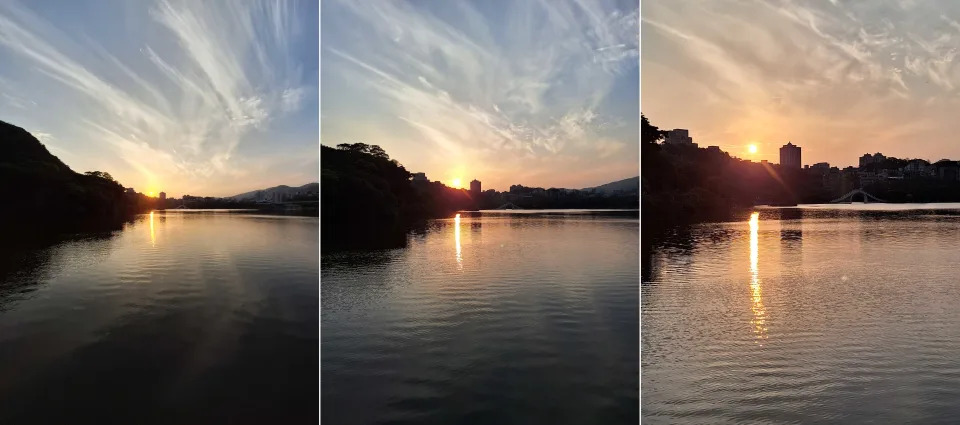 ▲在日落的環境下拍攝(左至右)超廣角、1倍和2倍的實拍圖 。