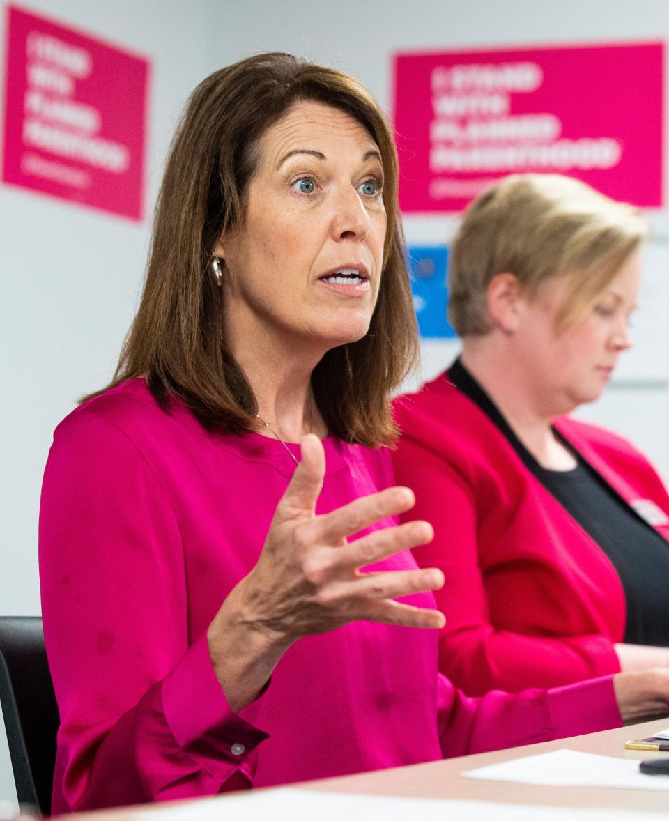 Rep. Cindy Axne speaks during a Choice and Reproductive Health Care Roundtable at the Planned Parenthood Admin Office Wednesday, July 6, 2022 in Des Moines. 