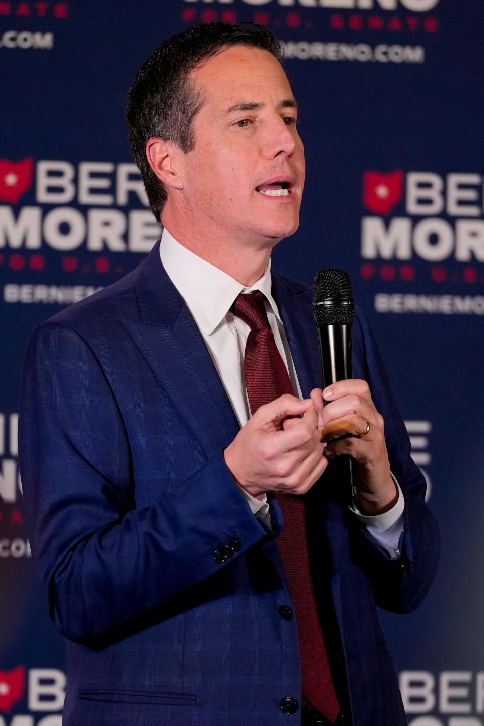 Republican Bernie Moreno announces his U.S. Senate campaign at the Little Miami Brewing Company in Milford, Ohio, on Tuesday, April 18, 2023.