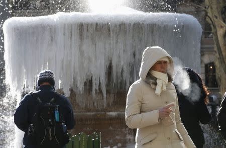 People walk past an ice-covered Josephine Shaw Lowell Memorial Fountain, in frigid temperatures in Bryant Park in the Manhattan borough of New York City January 8, 2015. REUTERS/Mike Segar