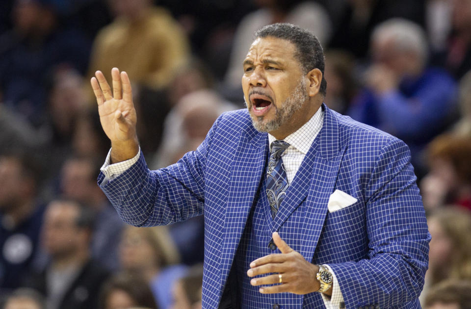 Providence head coach Ed Cooley shouts from the sideline during the first half of an NCAA college basketball game against Villanova, Saturday, Feb. 29, 2020, in Philadelphia, Pa. (AP Photo/Laurence Kesterson)