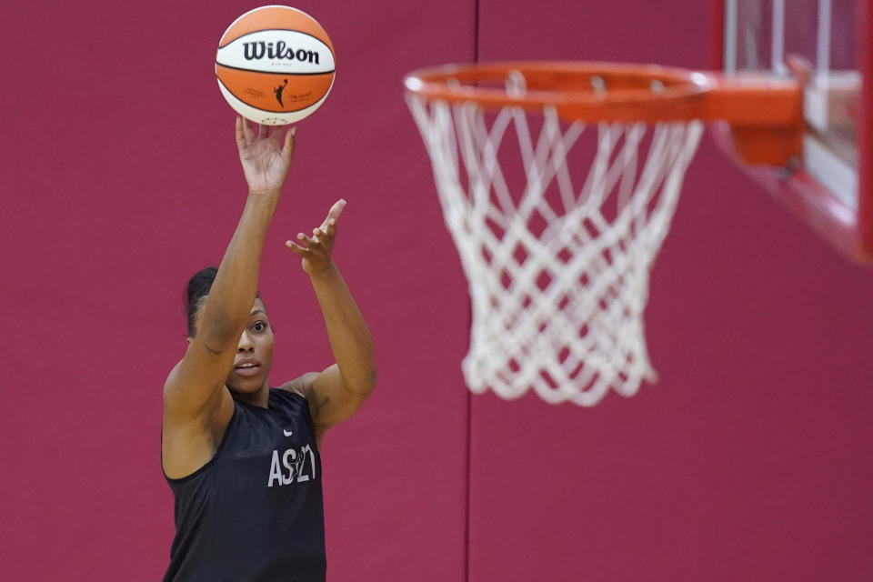 Betnijah Laney shoots during practice for the WNBA All-Star Basketball team, Tuesday, July 13, 2021, in Las Vegas. (AP Photo/John Locher)