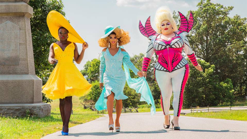 Bob the Drag Queen, Shangela, and Eureka O’Hara in “We’re Here.” - Credit: Courtesy of HBO