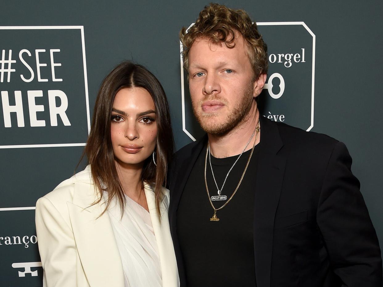 Emily Ratajkowski and Sebastian Bear-McClard attend the 25th annual Critics' Choice Awards at Barker Hangar on January 12, 2020 in Santa Monica, California