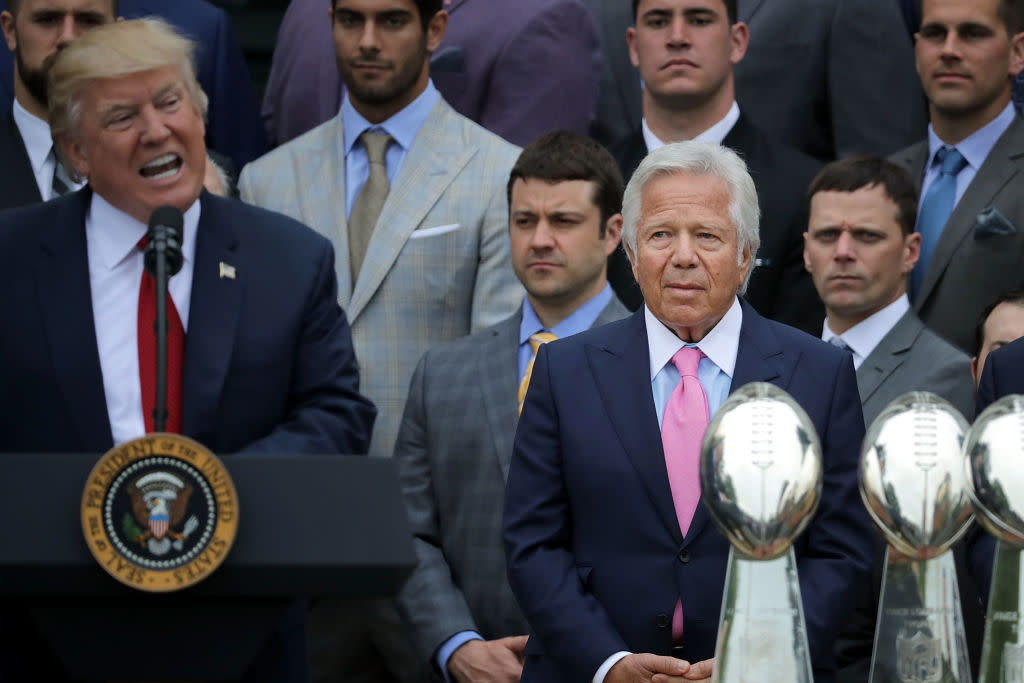 Robert Kraft listens as President Donald Trump welcomes the Patriots to the White House in April. (Getty)