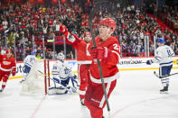 Detroit's Lucas Raymond celebrates scoring during the NHL Global Series Sweden ice hockey match between Toronto Maple Leafs and Detroit Red Wings and at Avicii Arena in Stockholm, Sweden, Friday Nov. 17, 2023. (Henrik Montgomery/TT News Agency via AP)