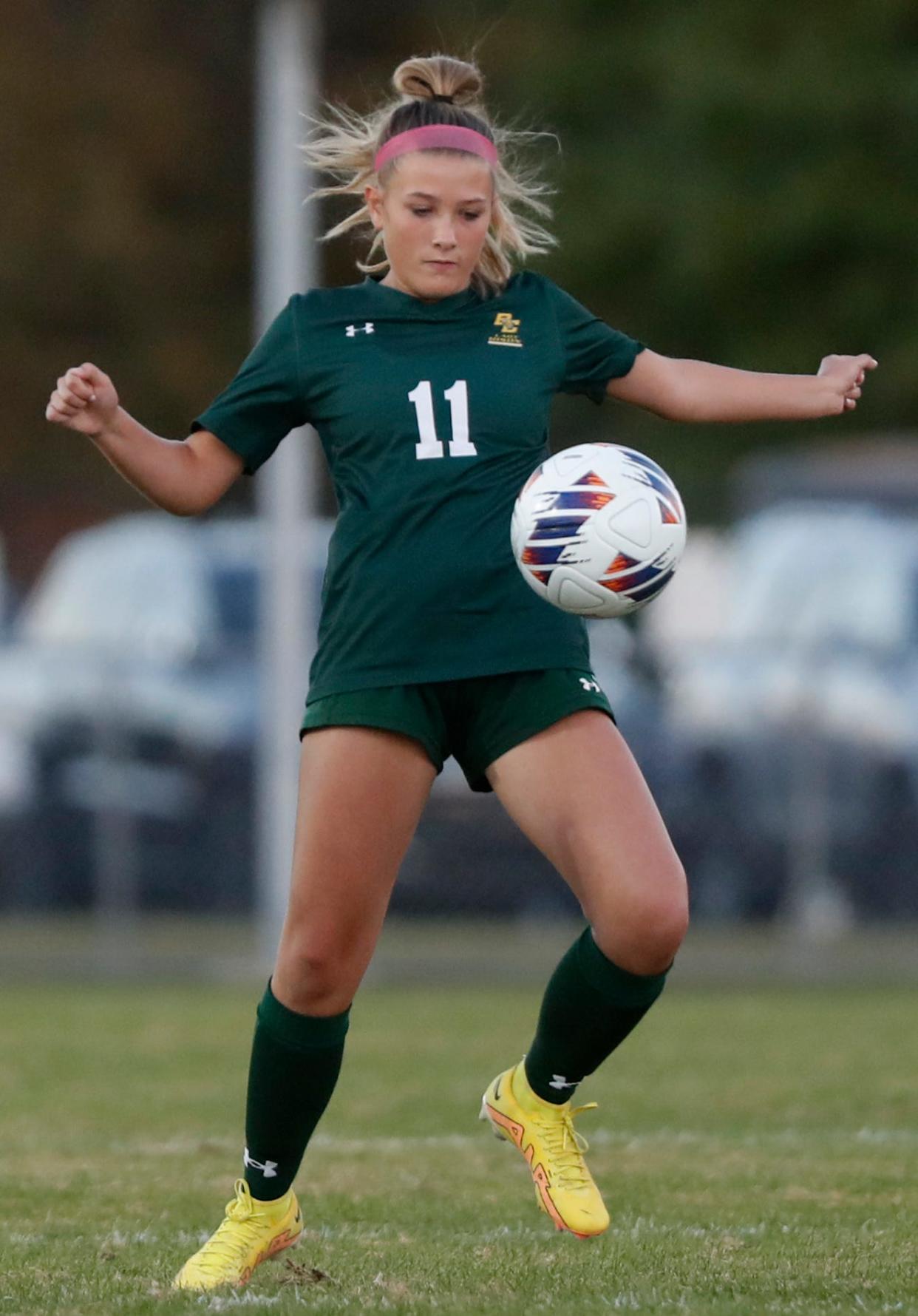 Benton Central Bison Chauncey Keller (11) fields the ball during the IHSAA sectional girls soccer game against the North White Vikings, Tuesday, Oct. 4, 2022, at Central Catholic High School in Lafayette, Ind. 