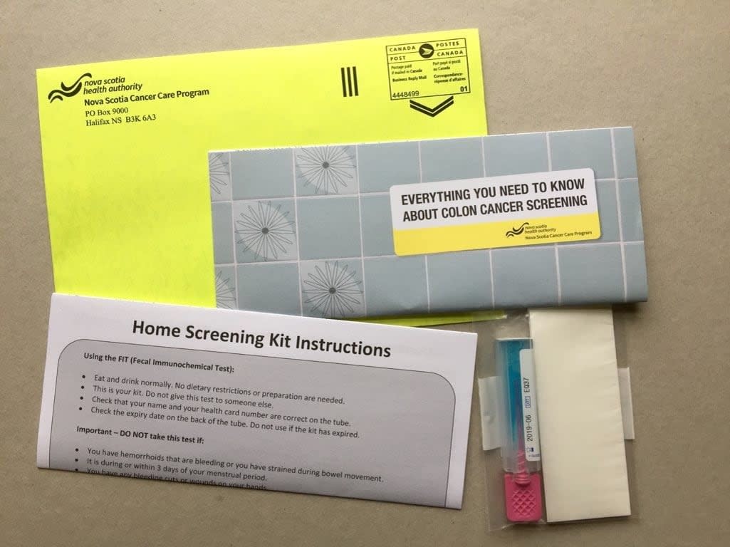 An example of a fecal immunochemical test (FIT) colon cancer home screening kit from Nova Scotia Health sent out every two years to residents over 50. Officials say collecting a stool sample at home, placing it in the enclosed vial and returning it to the lab for testing can detect cancer for early treatment. (Nova Scotia Health - image credit)