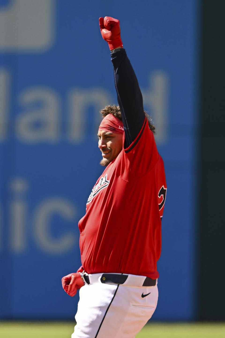 Cleveland Guardians' Josh Naylor celebrates after hitting a three-run double during the seventh inning of a baseball game against the Oakland Athletics, Sunday, April 21, 2024, in Cleveland. (AP Photo/Nick Cammett)