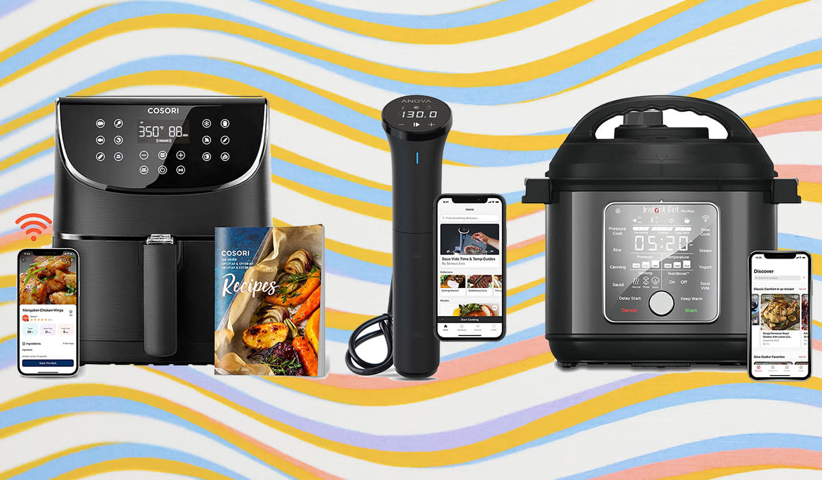 An air fryer, a sous vide machine and an Instant Pot, all next to iPhone apps
