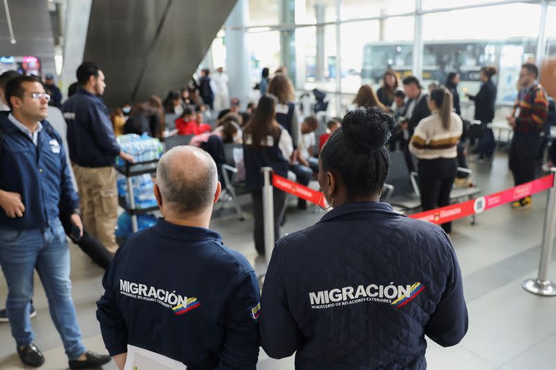 Colombian migrants deported from the U.S. arrive at the El Dorado International Airport in Bogota