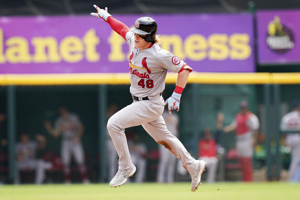 St. Louis Cardinals' Harrison Bader (48) runs the bases after hitting a three-run home run during the fourth inning of a baseball game against the Cincinnati Reds in Cincinnati, Sunday, July 25, 2021. (AP Photo/Bryan Woolston)