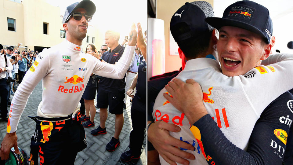 Ricciardo received a guard of honour from his team before a hug from Verstappen. Image: Getty