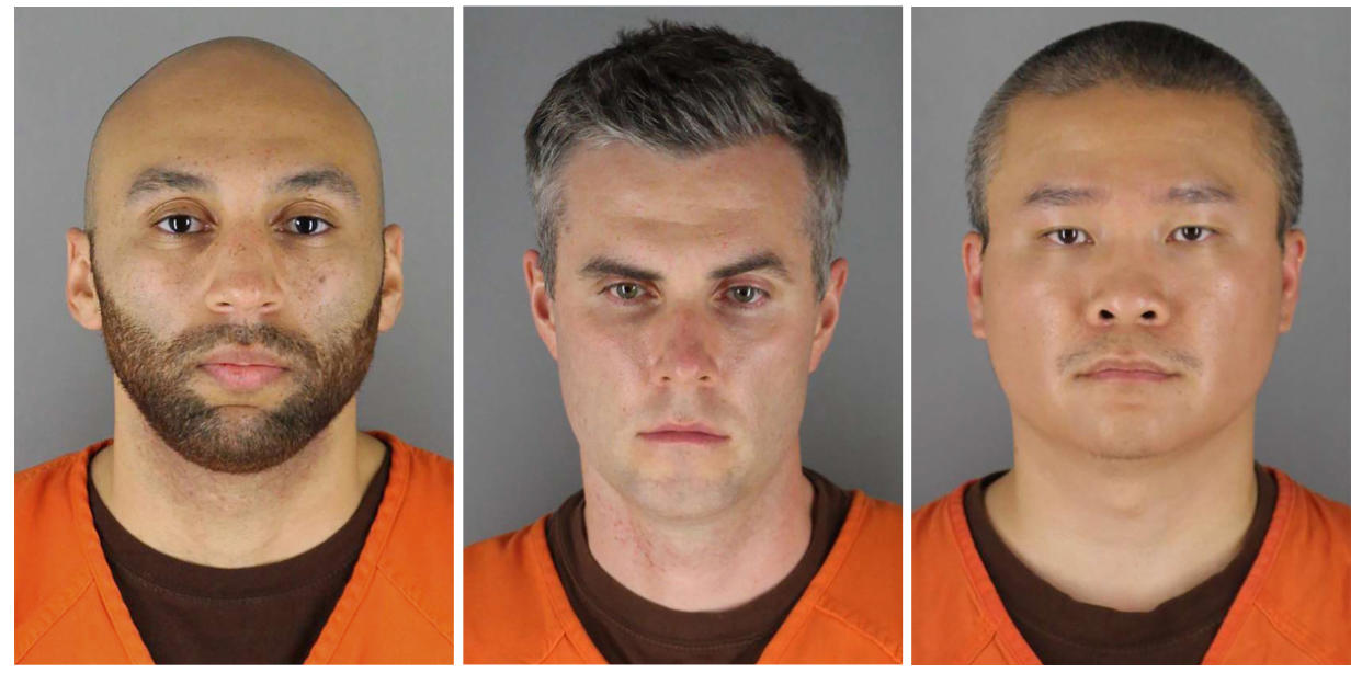 This combo of June 3, 2020 file photos provided by the Hennepin County, Minn., Sheriff's Office, shows, from left, J. Alexander Kueng, Thomas Lane and Tou Thao. Former Minneapolis police Officer Thomas Lane is hoping for a sentence Thursday, July 21, 2022, that could let him go free after as little as two years in prison for his role in the killing of George Floyd. Lane is one of three former Minneapolis officers, along with Kueng, Thao and Derek Chauvin, who were convicted by a federal jury in February of violating Floyd's civil rights by depriving him of medical care.(Hennepin County Sheriff's Office via AP, File)