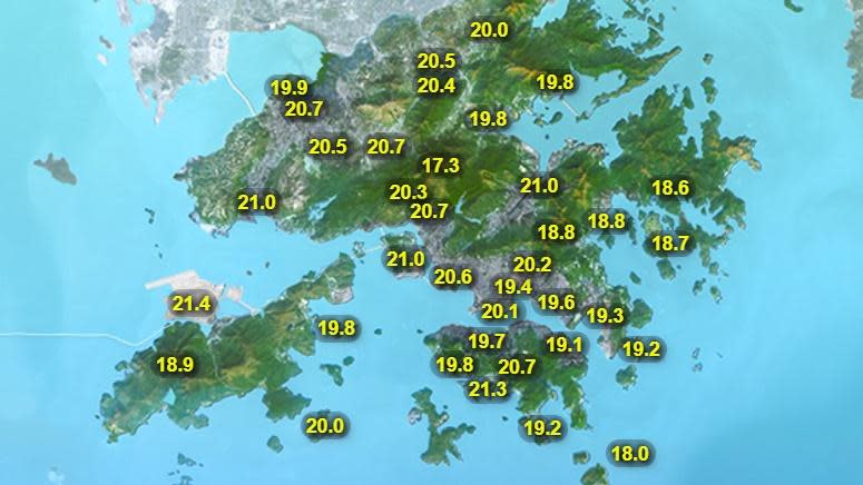 本港地區今日天氣預測大致多雲及有霧，初時有一兩陣雨。最高氣溫約23度。(香港天文台)