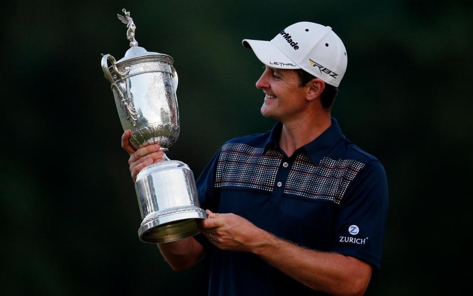 England's Justin Rose celebrates winning the US Open Championship with the trophy - ACTION IMAGES