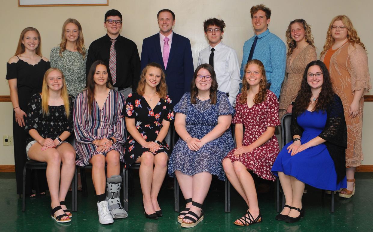 West Branch High School honored the class of 2022 Outstanding Academic Scholars'  Wednesday May 11, 2022 at Almost Home Banquet Center. Pictured from left, seated; Addyson Jones, Tori Shields, Asa DeSanzo, Sydney Fetters, Kaylee Burcaw, Gloriana Maendel. Standing; Morgan Loudon, Alyssa Barnett, Haden Hawk, guest speaker Carson Weingart, Jacek Strotz, Steven Marra, Samantha Tubbs, Rachel McGonagle. Michael Skolosh/Special to the Alliance Review