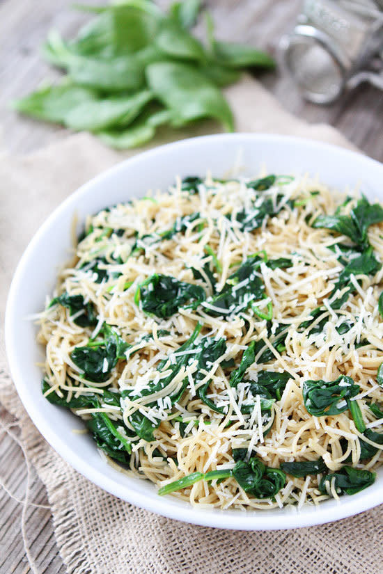 <strong>Get the <a href="http://www.twopeasandtheirpod.com/5-ingredient-spinach-parmesan-pasta/" target="_blank">Five-Ingredient Spinach Parmesan Pasta recipe</a> from Two Peas and their Pod</strong>