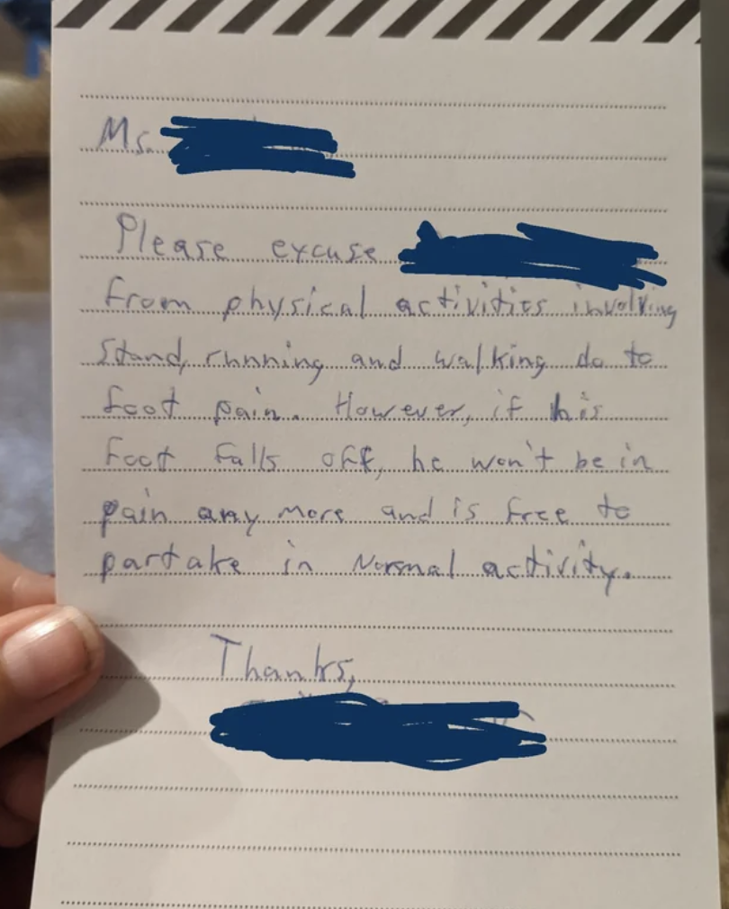 A note excusing a child from physical education