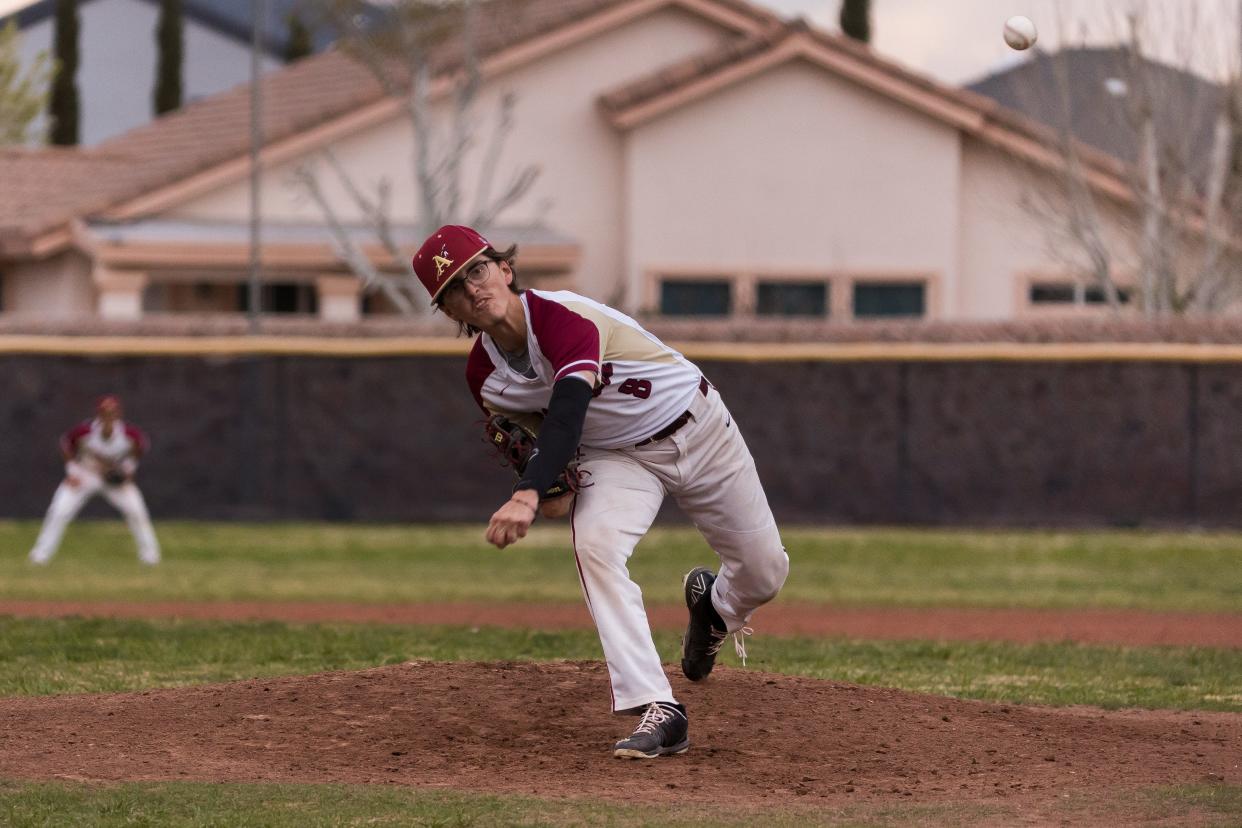 El Dorado's Tyler Handly (8) pitches the ball at a baseball game against Pebble Hills High School Thursday, March 16, 2023, at El Dorado High School in El Paso, Texas.