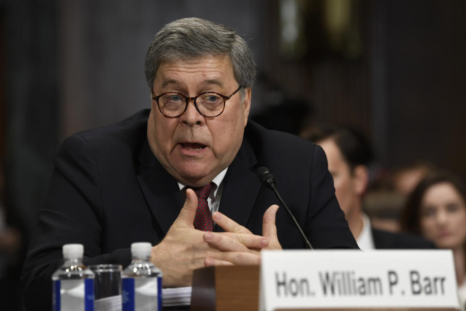 Attorney General William Barr responds to a question from Sen. Richard Blumenthal, D-Conn., in testimony before the Senate Judiciary Committee on Wednesday. (Photo: Susan Walsh/AP)