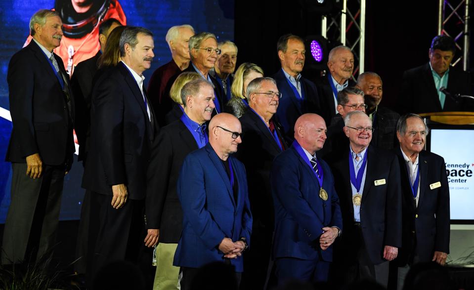 Roy Bridges and Mark Kelly take their place with the other members of the US Astronaut Hall of Fame after their induction Saturday, May 6, 2023. Craig Bailey/FLORIDA TODAY via USA TODAY NETWORK
