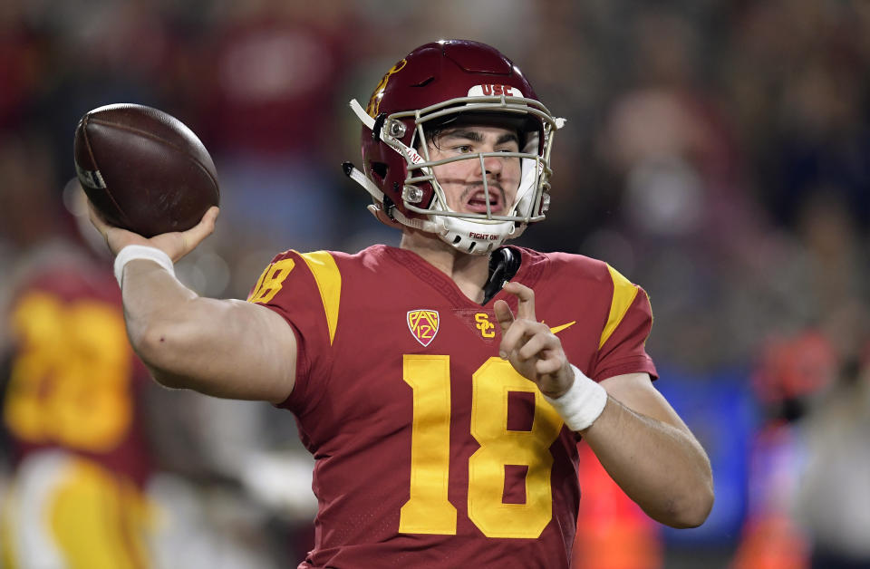 Southern California quarterback JT Daniels throws a pass during the first half of the team's NCAA college football game against Notre Dame Saturday, Nov. 24, 2018, in Los Angeles. (AP Photo/Mark J. Terrill)