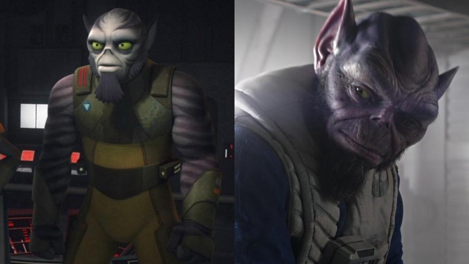 Two images of the large purple humanoid Lasat Zeb Orrelios from Star Wars, one standing animated, the other leabing over a bar in live-action