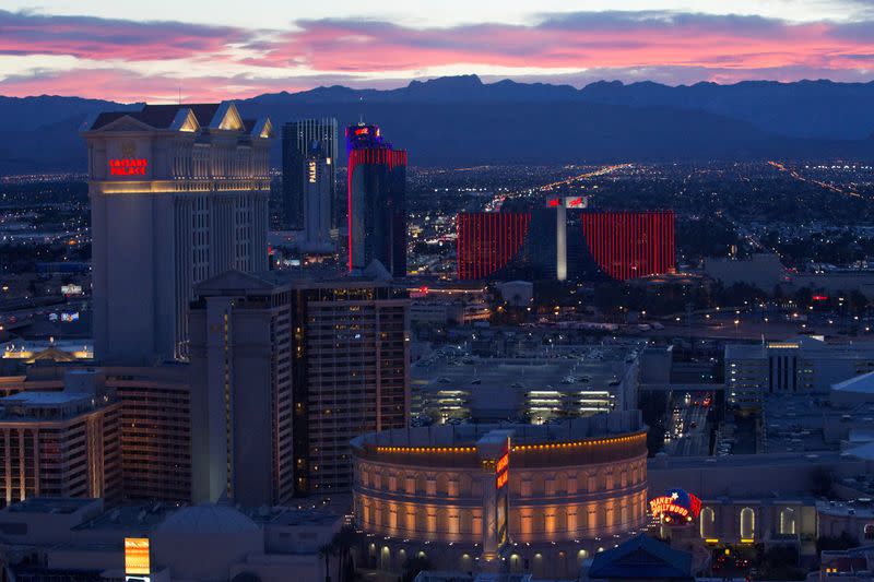 FILE PHOTO: Las Vegas Strip casinos are seen from the 550 foot-tall (167.6 m) High Roller observation wheel, the tallest in the world, in Las Vegas