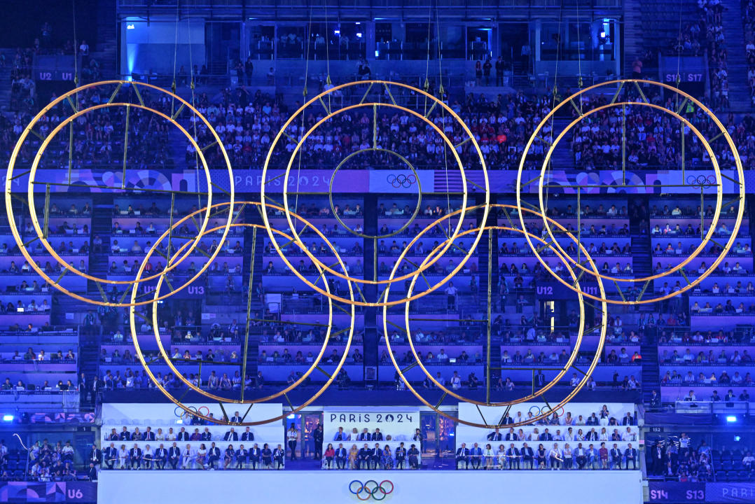 The Olympic rings are displayed during the closing ceremony of the Paris 2024 Olympic Games at the Stade de France, in Saint-Denis, in the outskirts of Paris, on August 11, 2024. (Photo by MOHD RASFAN / AFP) (Photo by MOHD RASFAN/AFP via Getty Images)