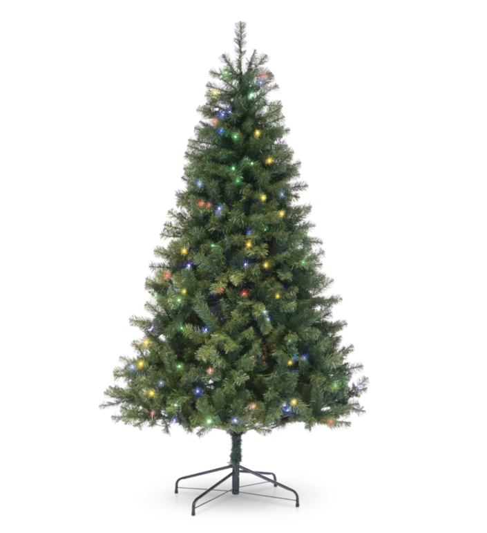 Pre-Lit Mariposa Christmas Tree in green with multi coloured christmas lights (Photo via Canadian Tire)