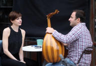 Anne Hathaway and Dafer Tawil film a scene at the "Song One" movie set in Williamsburg, Brooklyn on June 6, 2013 in New York City.