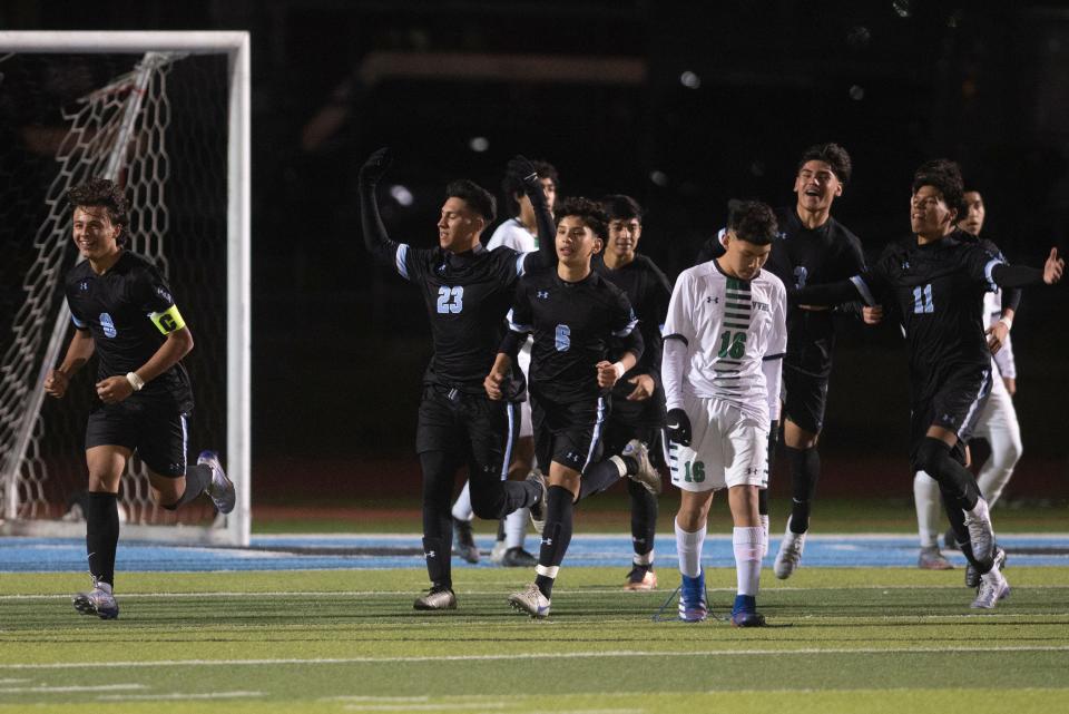 San Gorgonio players celebrate after taking a 2-0 lead against Victor Valley late in the second half on Saturday, March 5, 2023 at Phil Haley Stadium, in San Bernardino. San Gorgonio defeated Victor Valley 2-0 to capture the CIF SoCal Regional Division 5 championship.