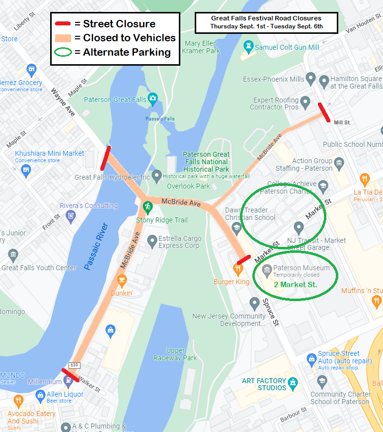 Road closures in Paterson will run from Sept. 1 to Sept. 6, 2022 to accommodate the city's Great Falls Festival.