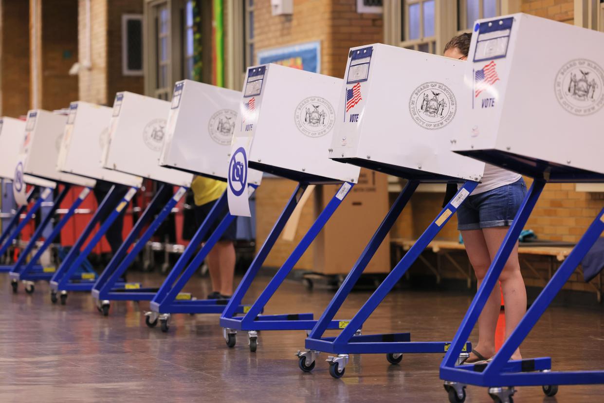 People vote during Primary Election Day at P.S. 10 on Aug. 23, 2022, in the Park Slope neighborhood of Brooklyn. Residents of NYC are voting in the second primary of the year due to the congressional redistricting process pushing back the congressional and State Senate primaries. 