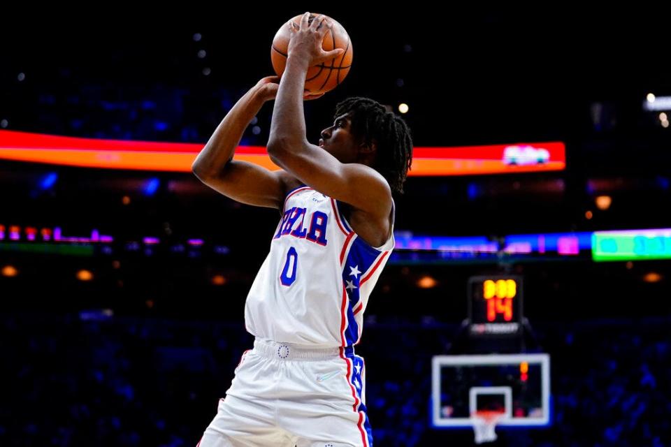 Sixers guard Tyrese Maxey takes a jump shot during Saturday night's double-overtime loss to the Timberwolves.