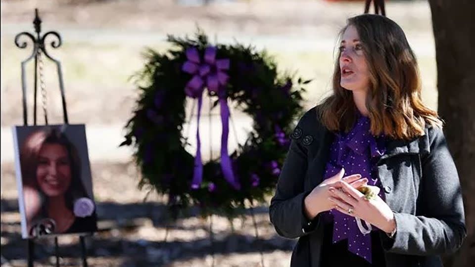Meredith Schroeder, Tara Baker's sister, speaks at her memorial service the UGA campus on Jan. 20, 2021. - Joshua Jones/Athens Banner-Herald/USA Today Network