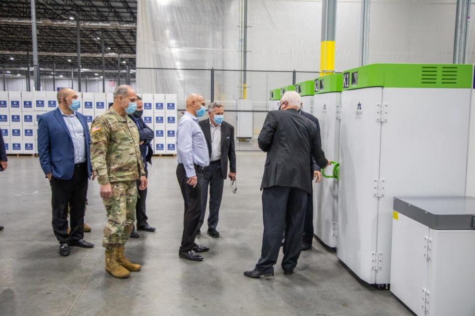 Operation Warp Speed co-leaders Dr. Moncef Slaoui and Gen. Gustave Perna visit a UPS Freezer Farm in Louisville, Kentucky. The visit was among several industry visits solidifying COVID-19 vaccine distribution.