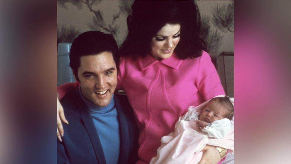 Elvis and Priscilla Presley with their newborn daughter Lisa Marie