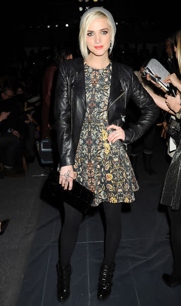 <b>Ashlee Simpson </b><br><br>Jessica Simpson's younger sister toughened up her floral dress with a leather biker jacket at the Nicole Miller show.<br><br>Image © Rex