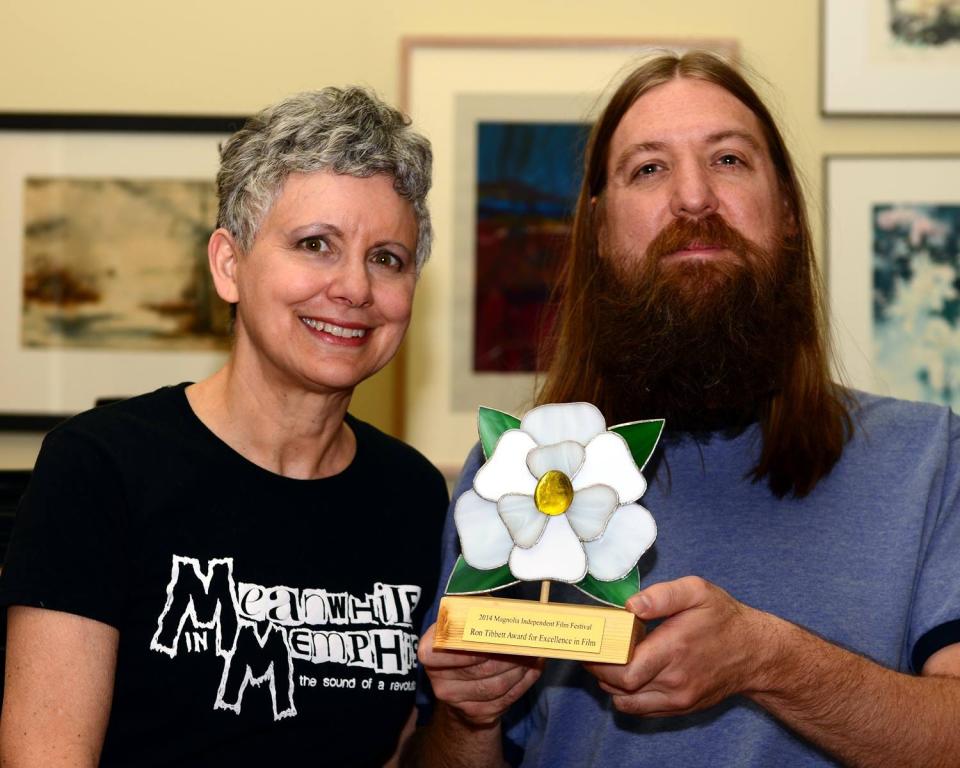 Nan Hackman and Robert Allen Parker, with an award won at the Magnolia Independent Film Festival in Starkville, Mississippi.
