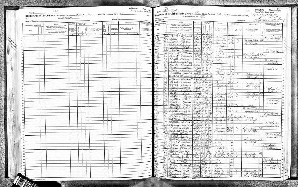 This image taken from microfilm and provided by Ancestry.com shows two pages from the 1925 New York State Census that include an entry for Edward Koch, appearing at the top of the page at right. Koch, who went on to practice law and become the mayor of New York City, is one of many notable New Yorkers who will be searchable online by name when the 1915 and 1925 New York States censuses and the 1940 U.S. Census become searchable by family name at midnight, June 5, 2012. (AP Photo/Ancestry.com)